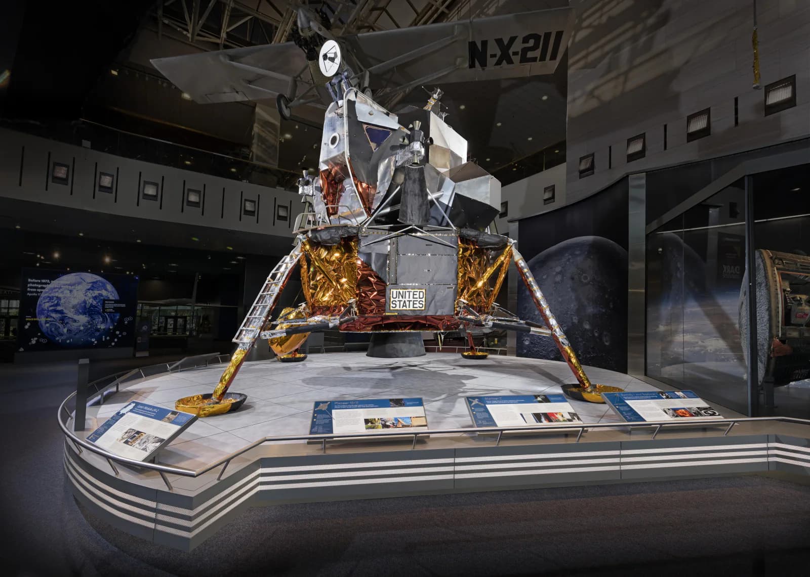 Apollo Lunar Module 2 is displayed with its gold descent stage and landing legs.