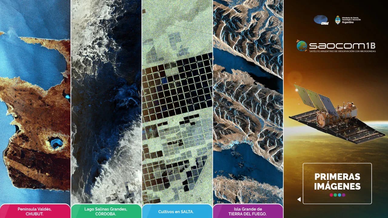 A SAOCOM 1B radar image shows a broad view of Argentina in false color.