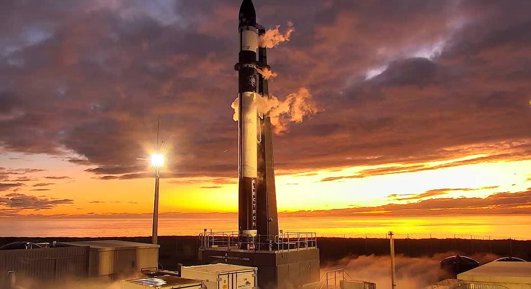 Rocket Lab's Electron rocket on the pad at Launch Complex 1 ahead of NASA's CAPSTONE launch.